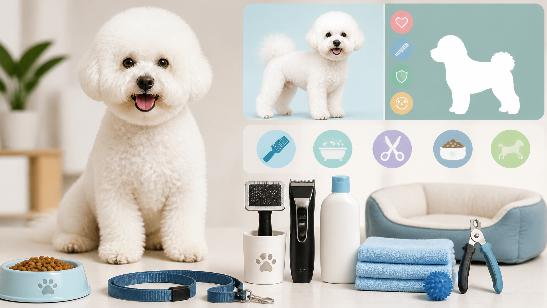 White fluffy Bichon Frise sitting on a soft blanket, looking at the camera with a cheerful expression