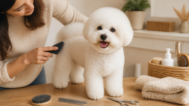 White fluffy Bichon Frisé standing on grass, round head, dark eyes, black nose, curly coat