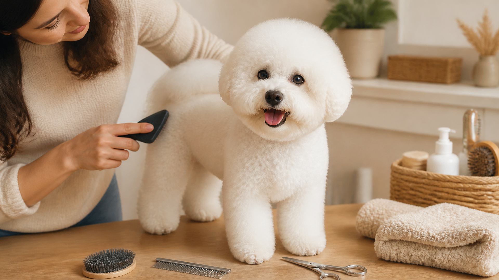 White fluffy Bichon Frisé standing on grass, round head, dark eyes, black nose, curly coat