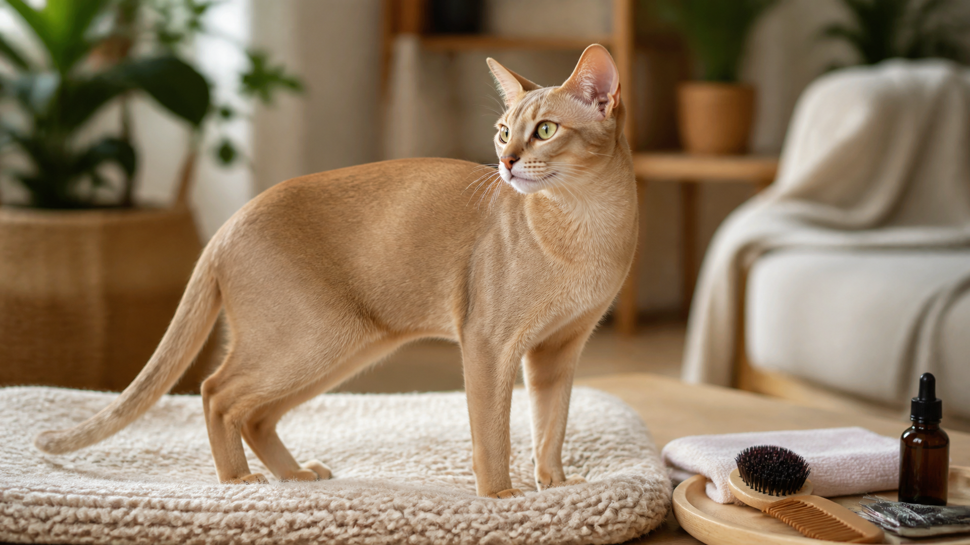 A fawn Abyssinian cat with warm golden-beige fur and alert ears sitting on a soft surface, looking directly at the camera.