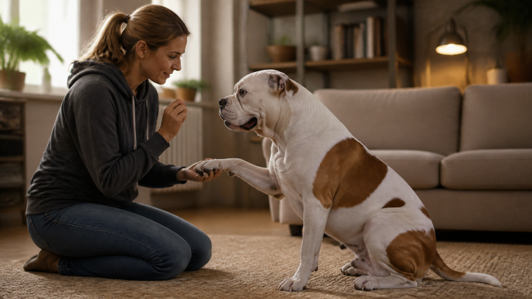 American Bulldog standing alert with strong jaw, wearing a training collar in an outdoor setting
