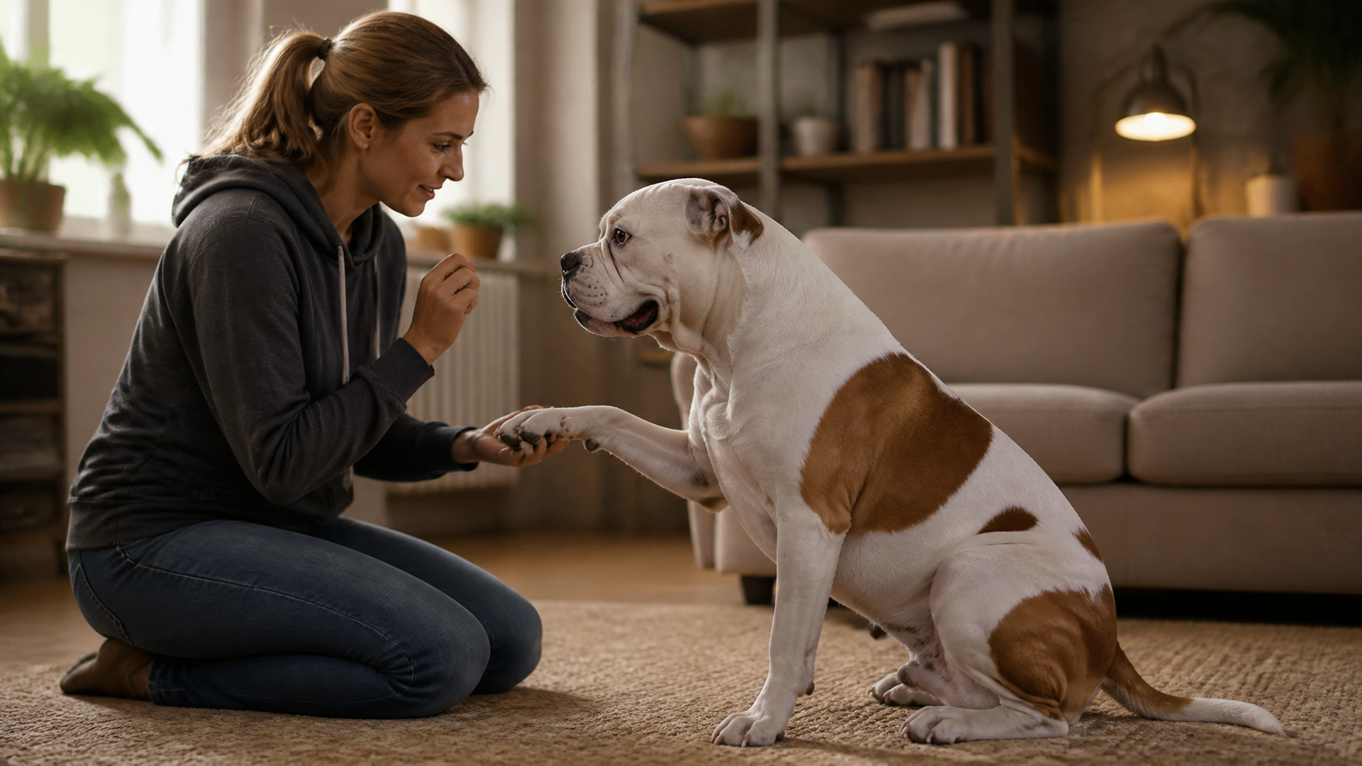 American Bulldog standing alert with strong jaw, wearing a training collar in an outdoor setting