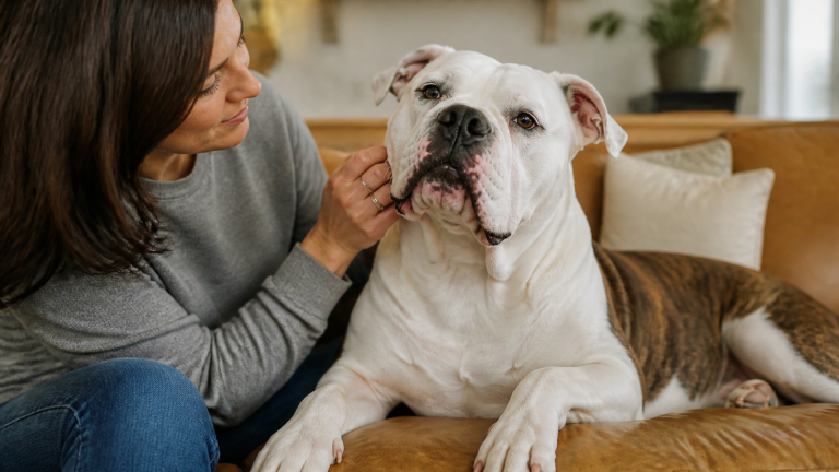 American Bulldog with cropped ears standing alert in a grassy yard, ears standing upright and trimmed short