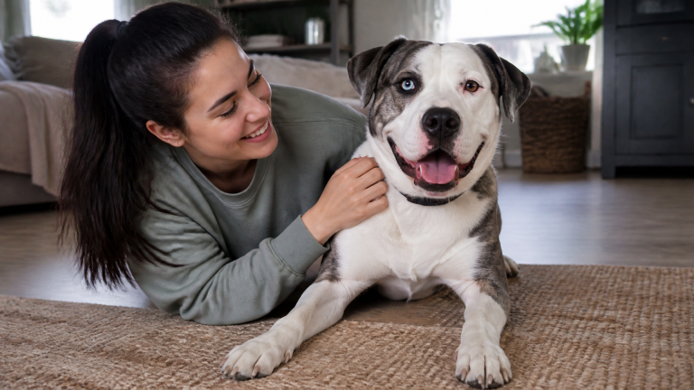 American Bulldog and Husky mix standing in a grassy yard, alert expression, muscular build with thick coat