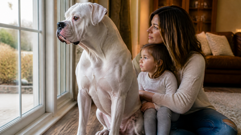 American Bulldog standing alert in a backyard, watching with focused eyes