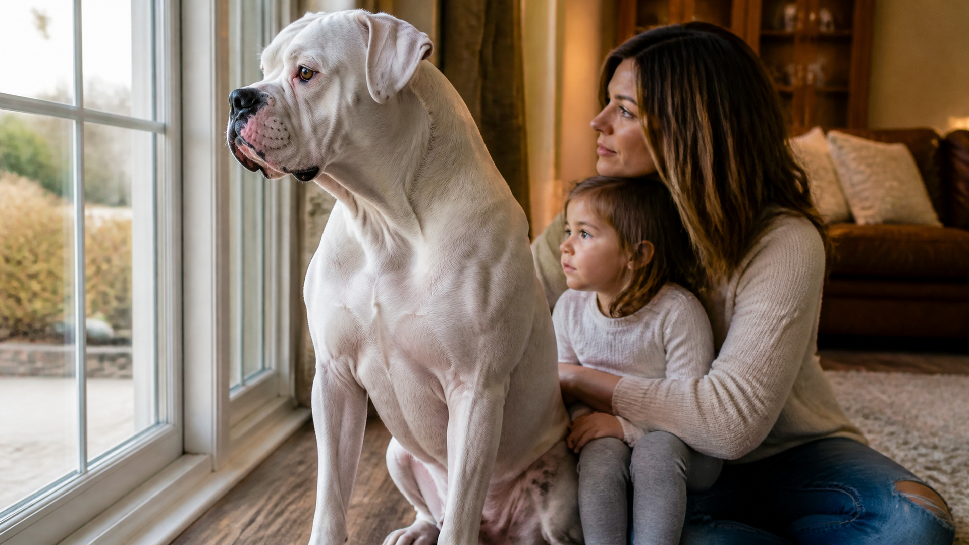 American Bulldog standing alert in a backyard, watching with focused eyes