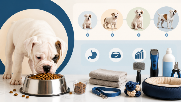 American Bulldog puppy eating from a bowl on a kitchen floor, with a measuring cup of kibble nearby