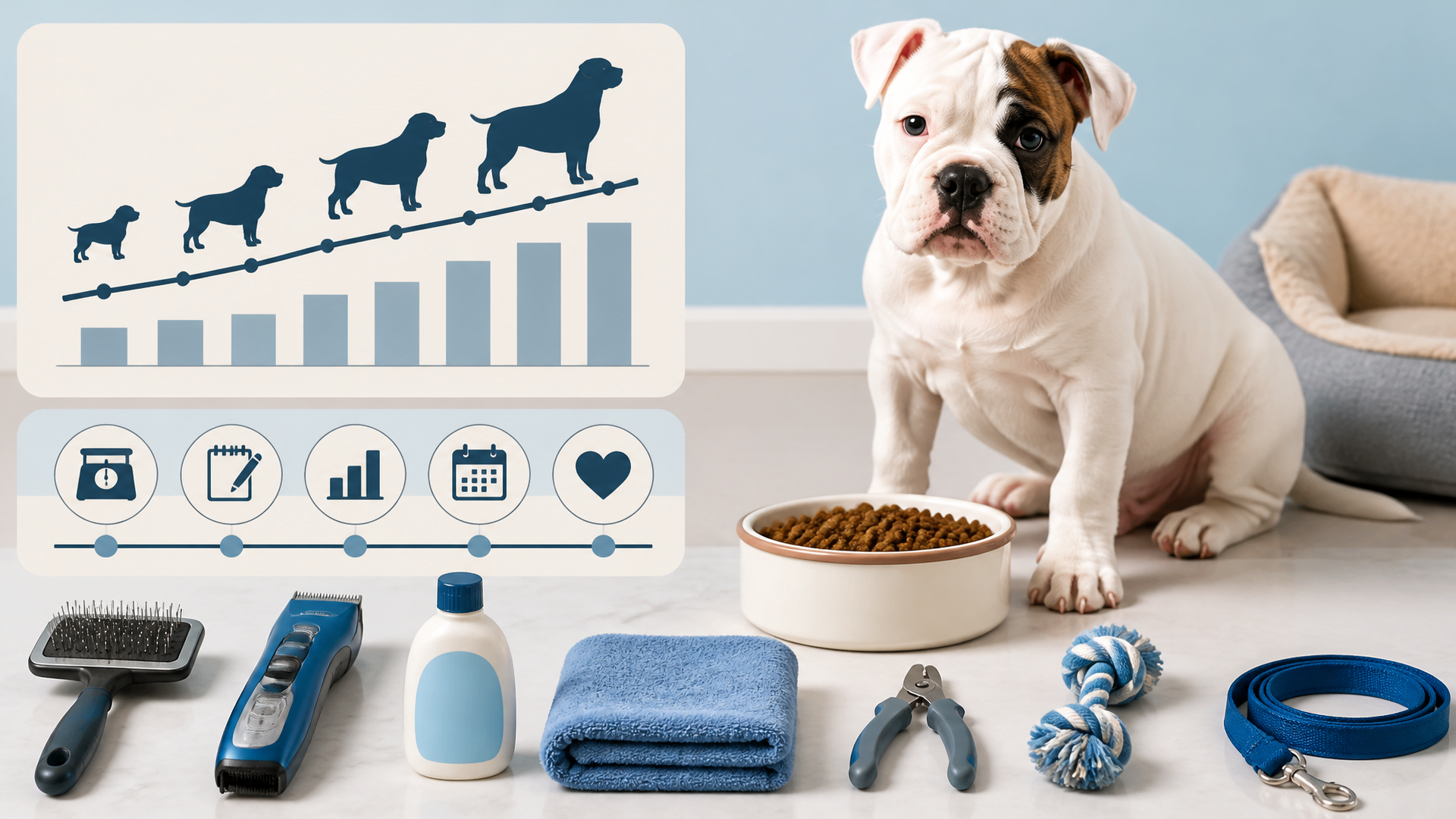 American Bulldog puppy standing on a scale with a weight chart in the background