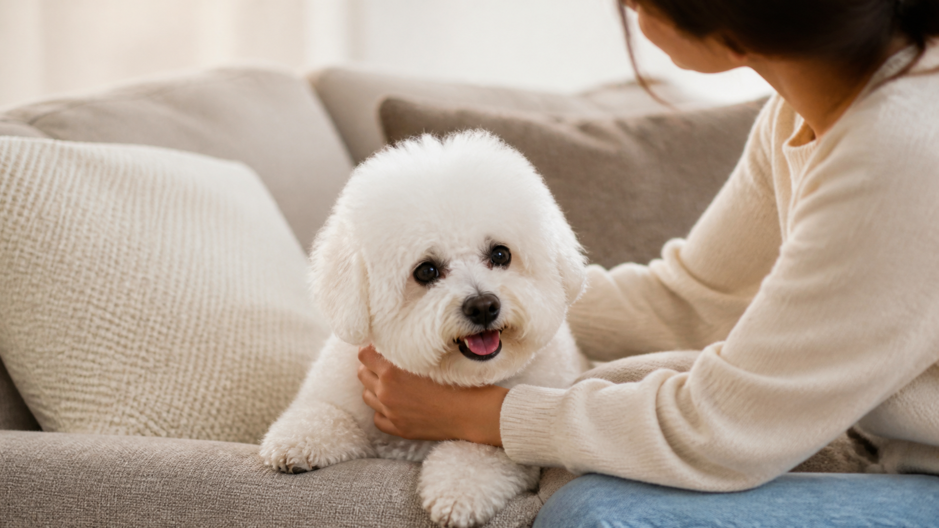 A white Bichon Frise sitting on a couch, looking alert with ears perked up