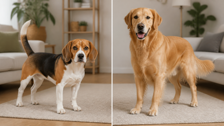 A Beagle standing on grass, looking at the camera with alert ears and a white chest patch