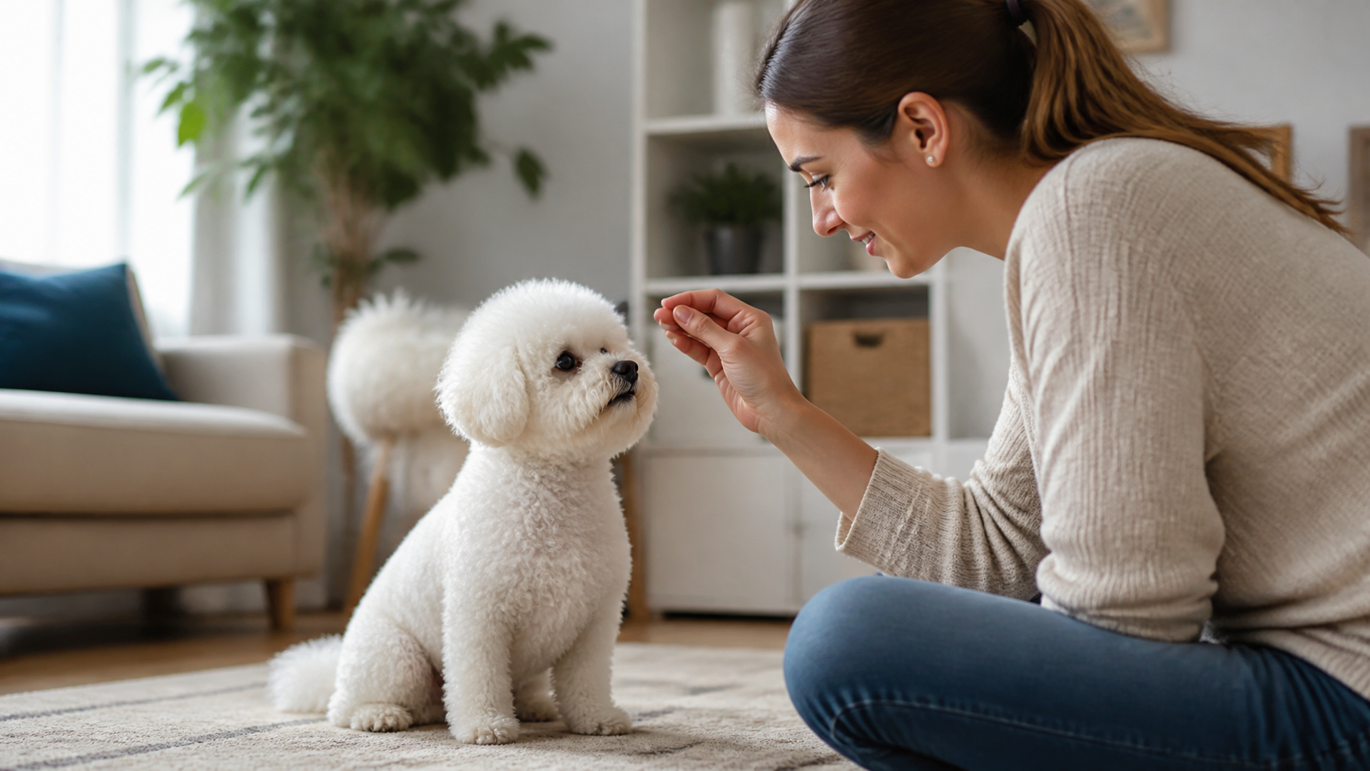 White fluffy Bichon Frise sitting on a rug, looking up with a curious expression, leash nearby