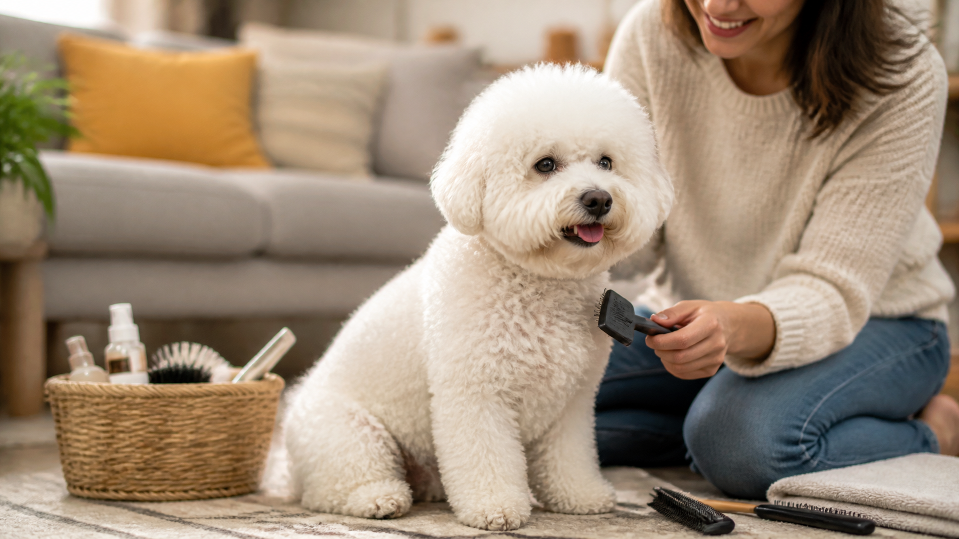 Close-up of a white Bichon Frise with curly fur, sitting on a soft blanket, looking at the camera.