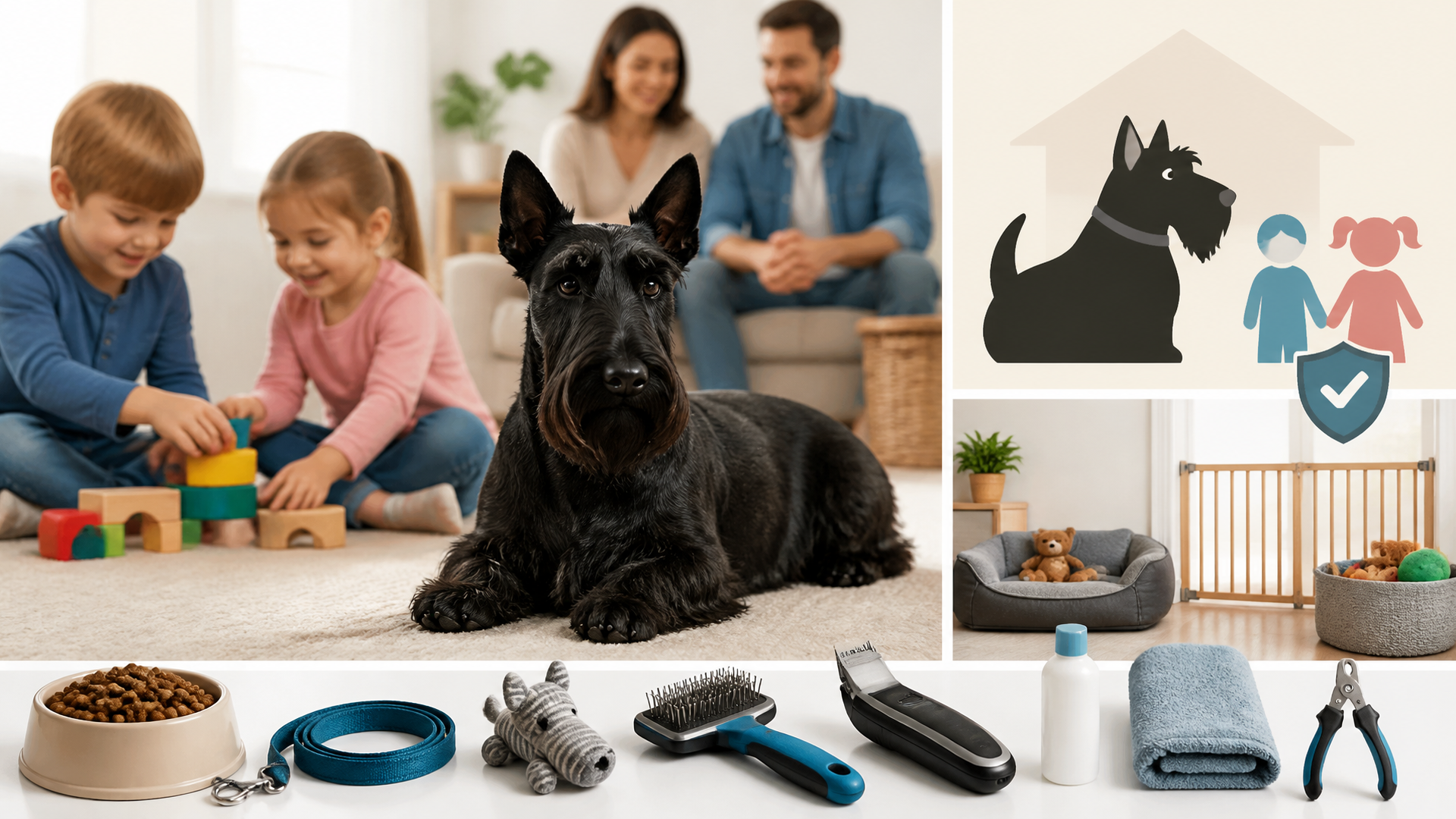 A Scottish Terrier sitting calmly next to a young child on a living room floor, both looking at the camera