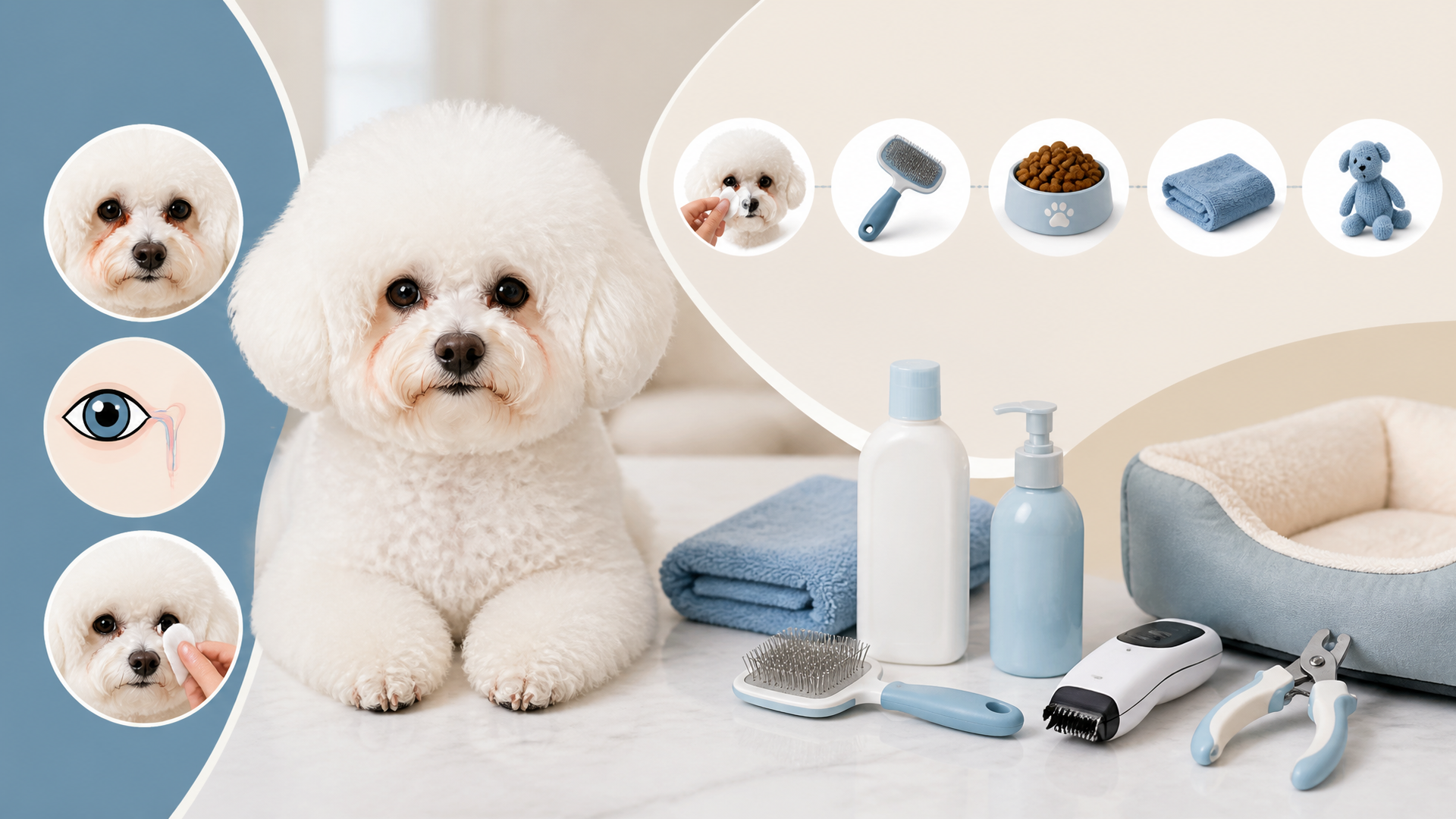 Close-up of a white Bichon Frise with reddish tear stains under its eyes, looking at the camera