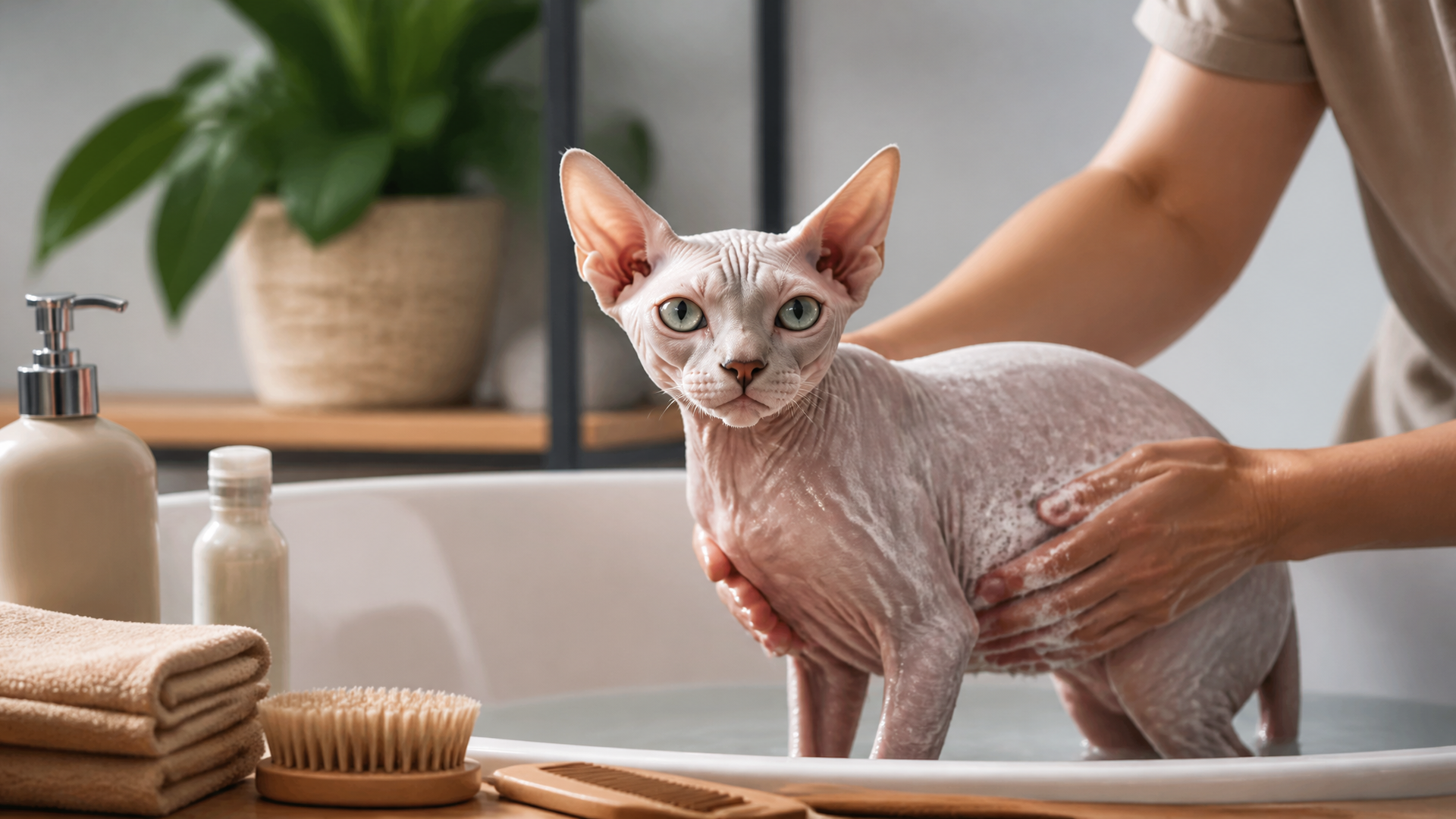A Sphynx cat being gently bathed in a sink with lukewarm water and hypoallergenic shampoo, showing its smooth skin and lar...