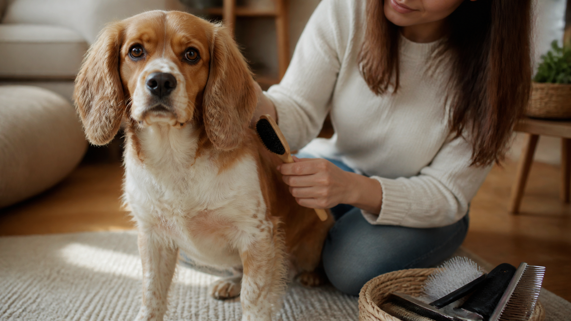 A Beagle x Cocker Spaniel mix with floppy ears and a sturdy build standing in a grassy yard