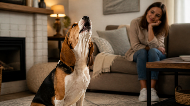A beagle with ears perked up howling in a grassy backyard