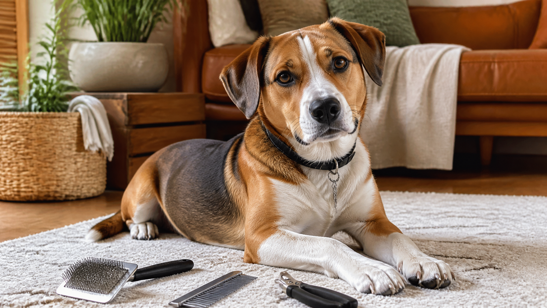 A Beagle Pitbull mix dog sitting on grass, looking at the camera with alert ears and a short coat.