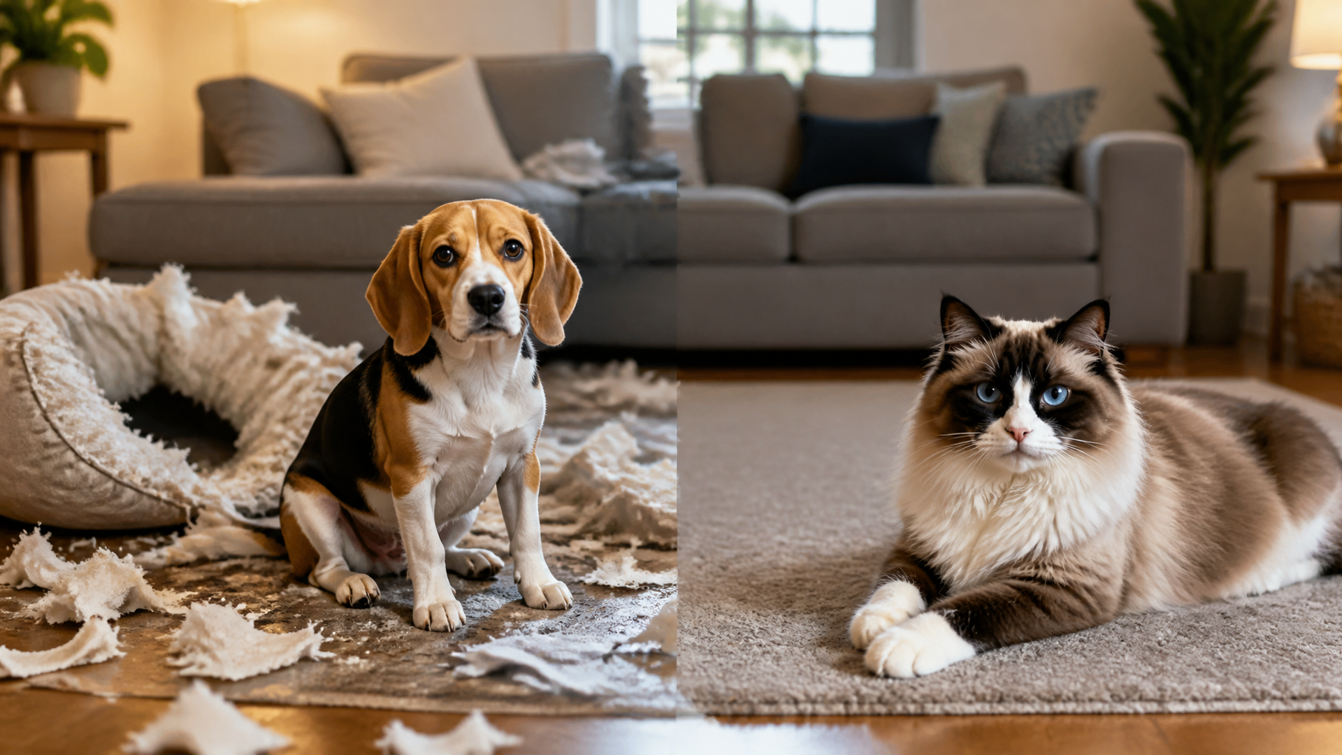 A sad beagle sitting alone by a door, looking back with worried eyes