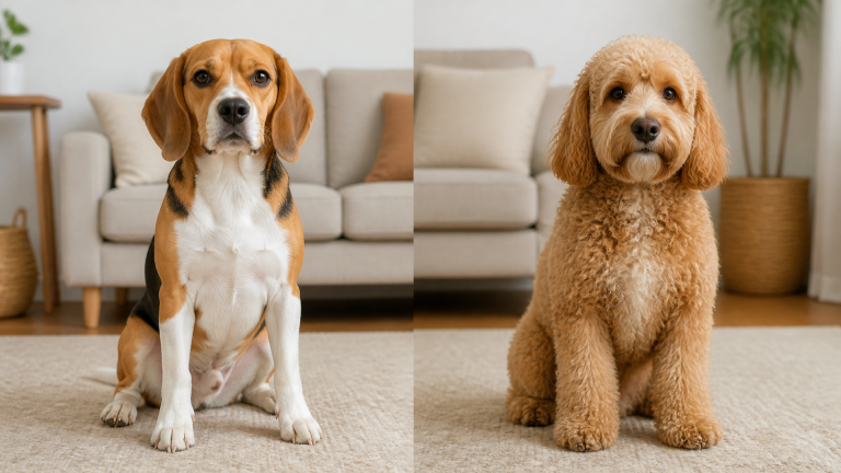 Side-by-side illustration of a Beagle and a Spoodle showing height and weight differences with measurement lines