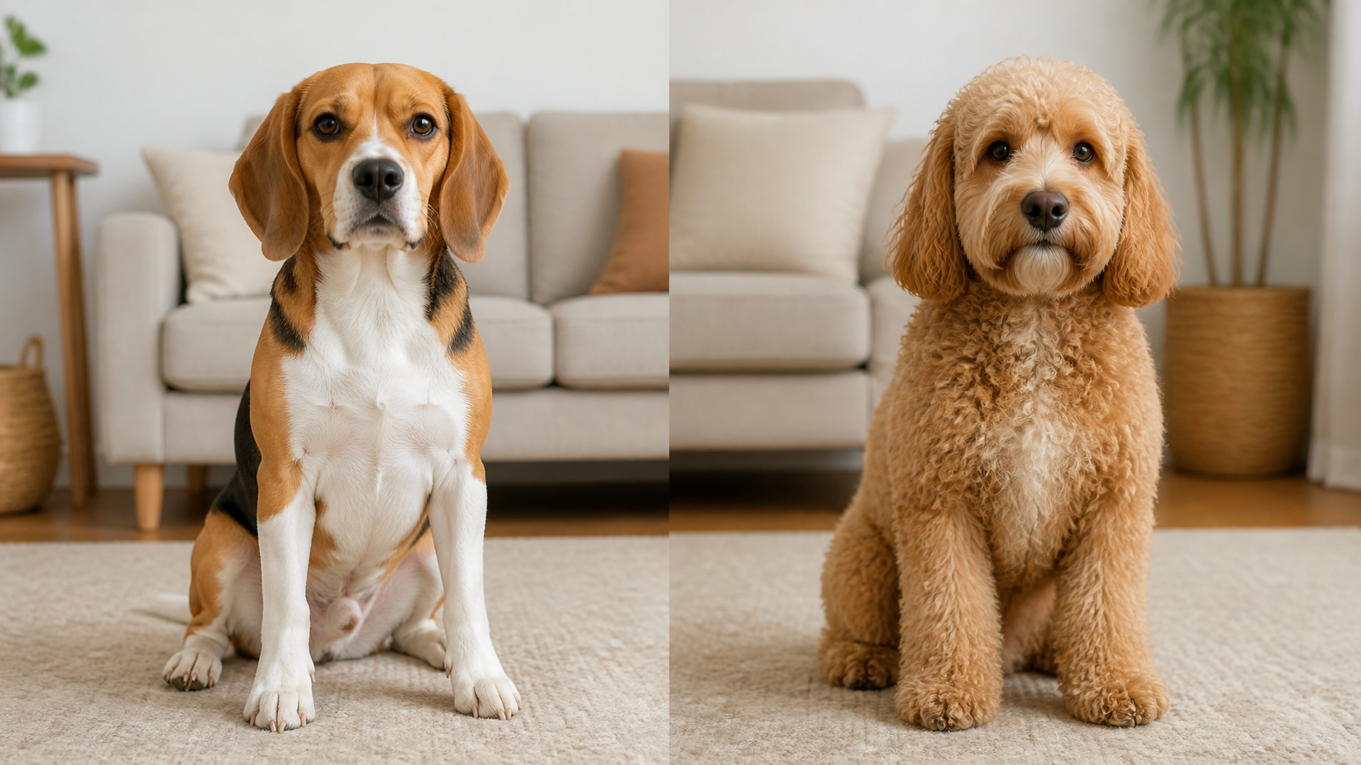 Side-by-side illustration of a Beagle and a Spoodle showing height and weight differences with measurement lines