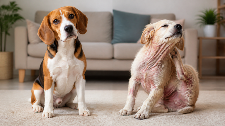 Beagle scratching ear while sitting on grass, showing signs of skin irritation from allergies