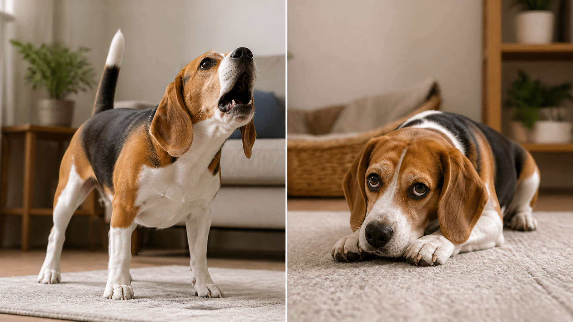 A beagle with ears perked up, mouth open as if barking, against a soft background