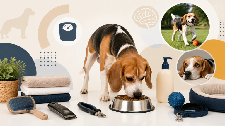 Healthy adult Beagle standing on a scale, looking up with alert ears, in a bright home setting