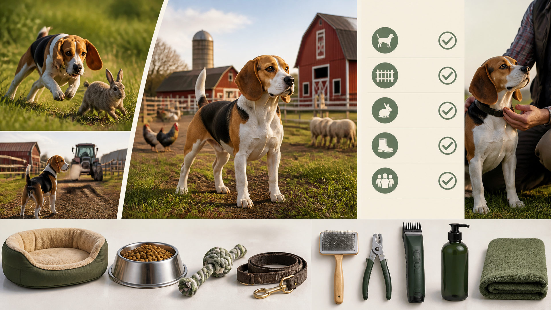 A beagle standing in a grassy field near a wooden fence, looking alert with ears perked up