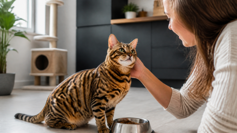 A Bengal cat with spotted coat lounging on a cat tree, surrounded by toys and enrichment items in a bright living room