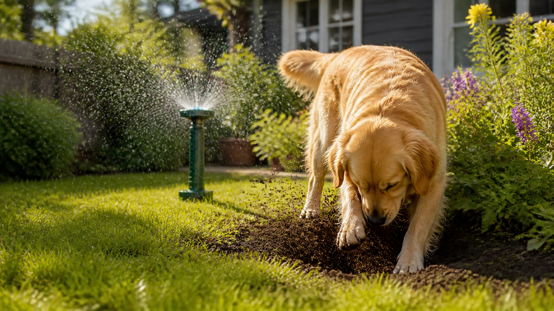 A dog sniffing near a motion-activated sprinkler in a garden with flowers and grass