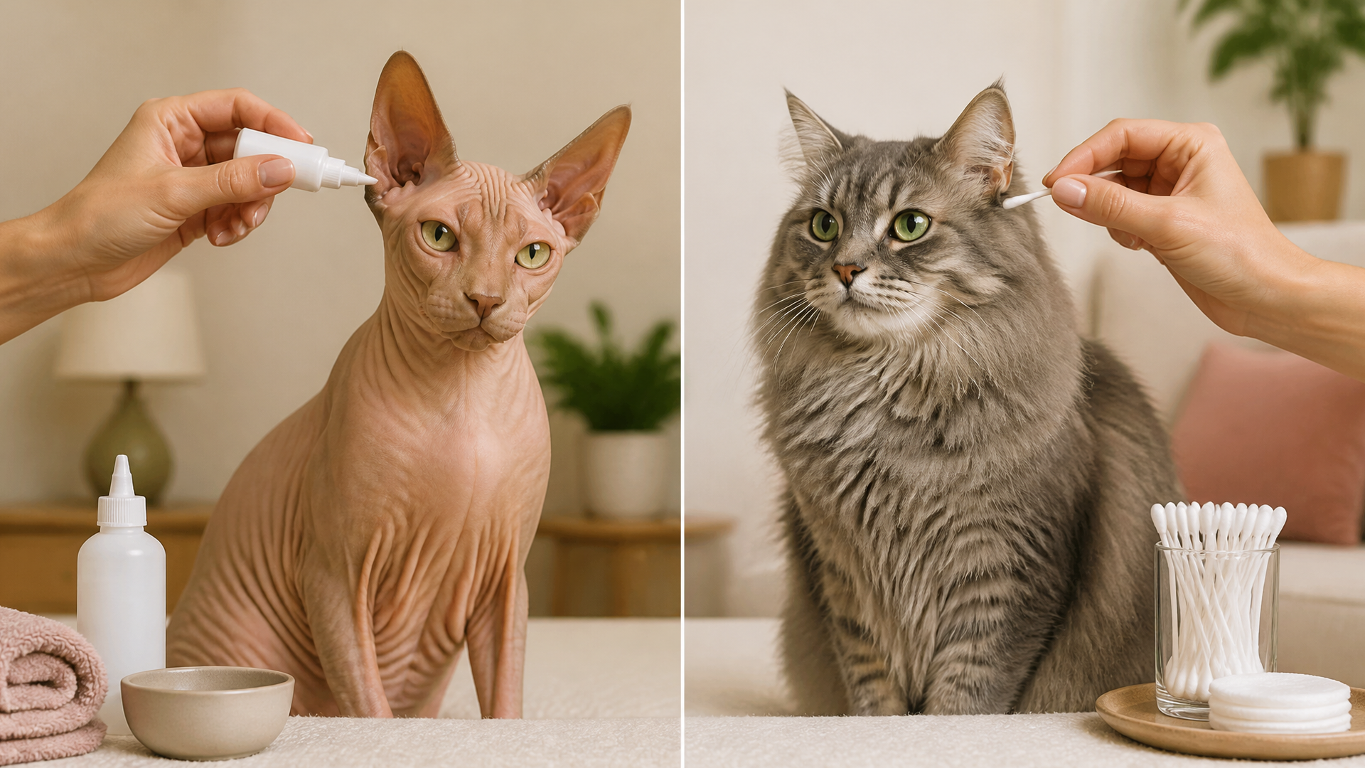 A Sphynx cat sitting calmly while a bottle of ear cleaning solution is held nearby on a soft towel