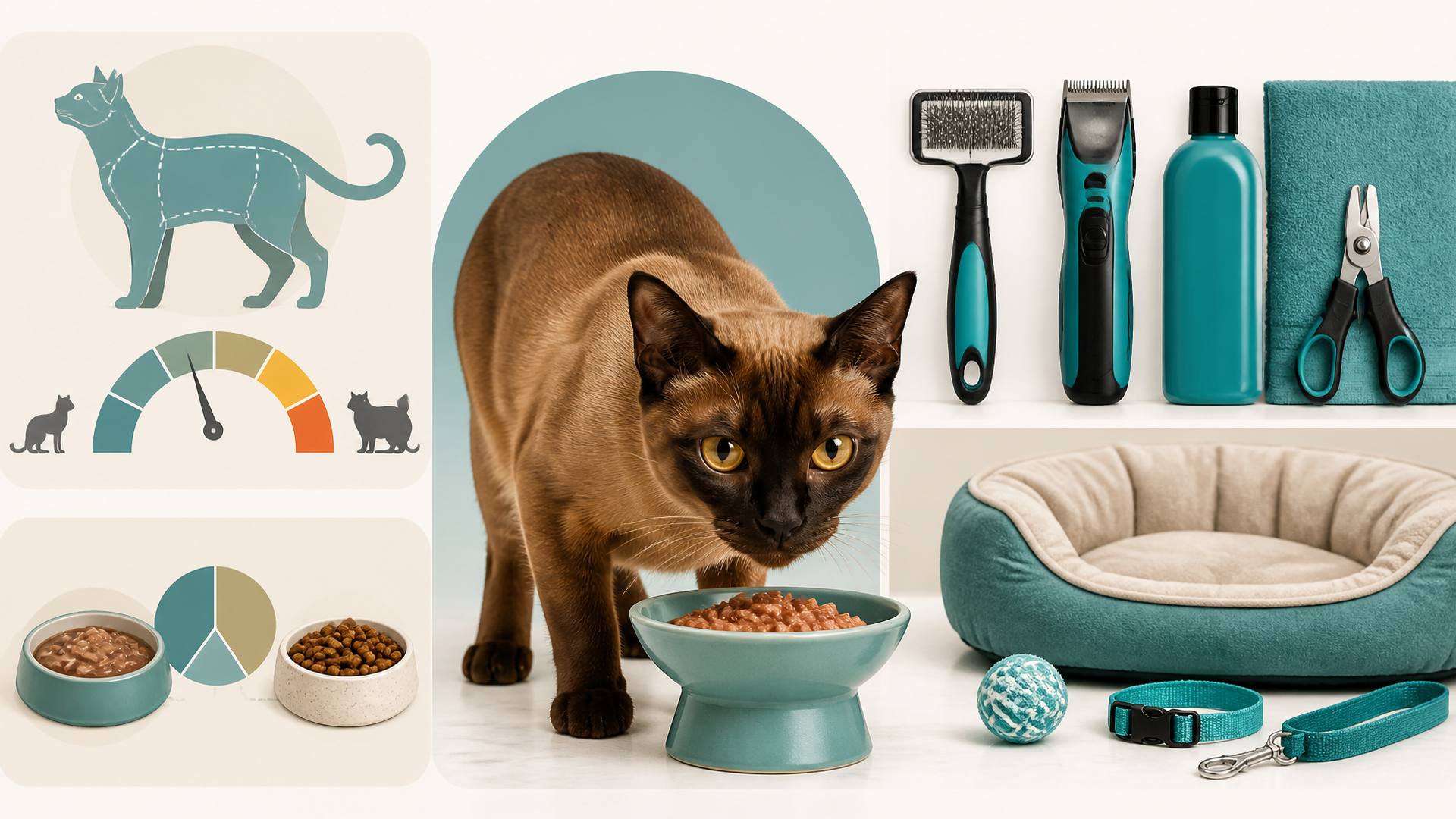 Burmese cat eating from a bowl with wet and dry food, surrounded by measuring cups and a feeding schedule chart