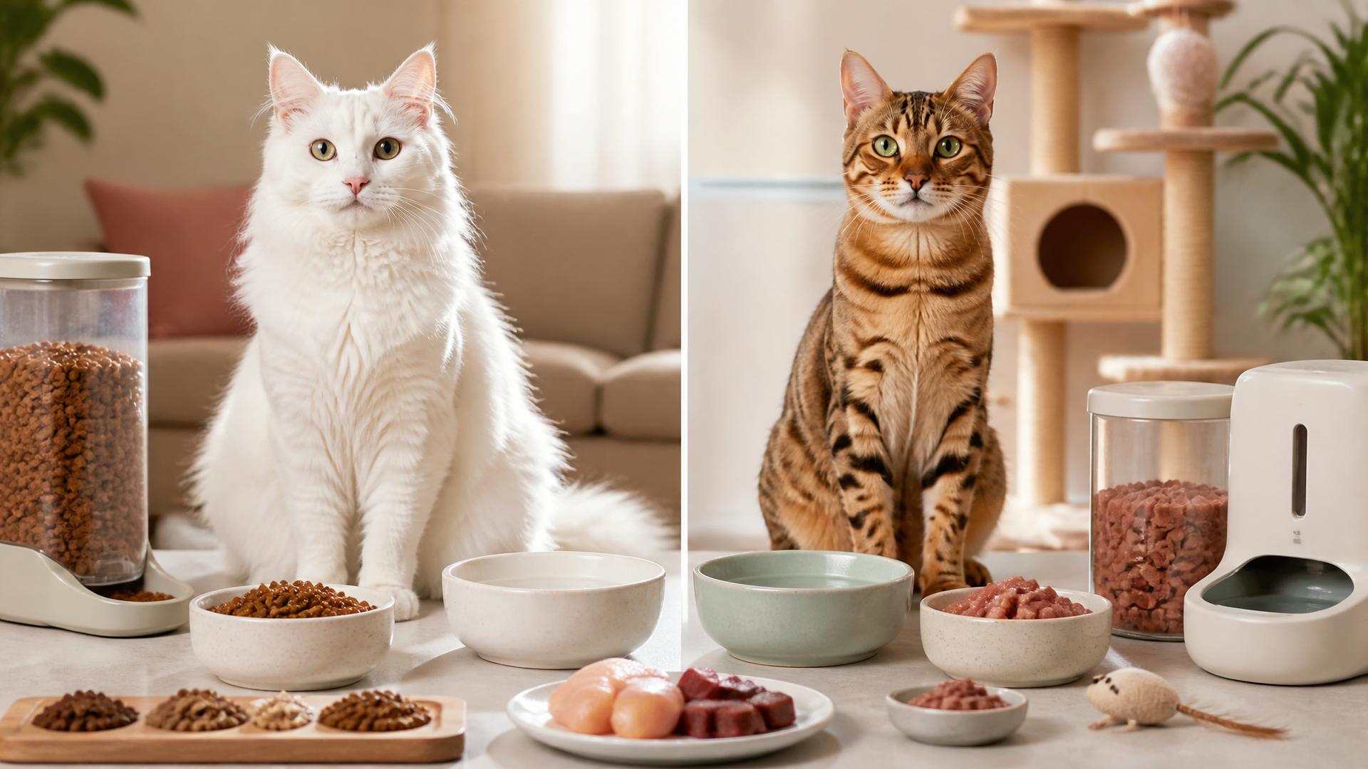 A 9 month old Turkish Angora cat eating from a bowl with a feeding chart in the background