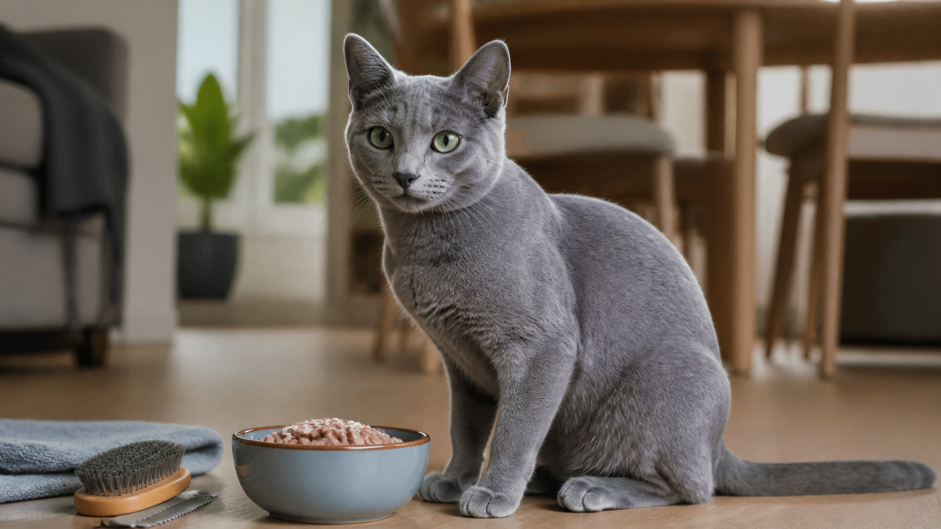 A silver-coated Russian Blue kitten eating wet food from a bowl, with green eyes and a focused expression.