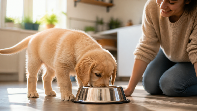 A bowl of dry puppy kibble on a wooden table with a measuring scoop beside it