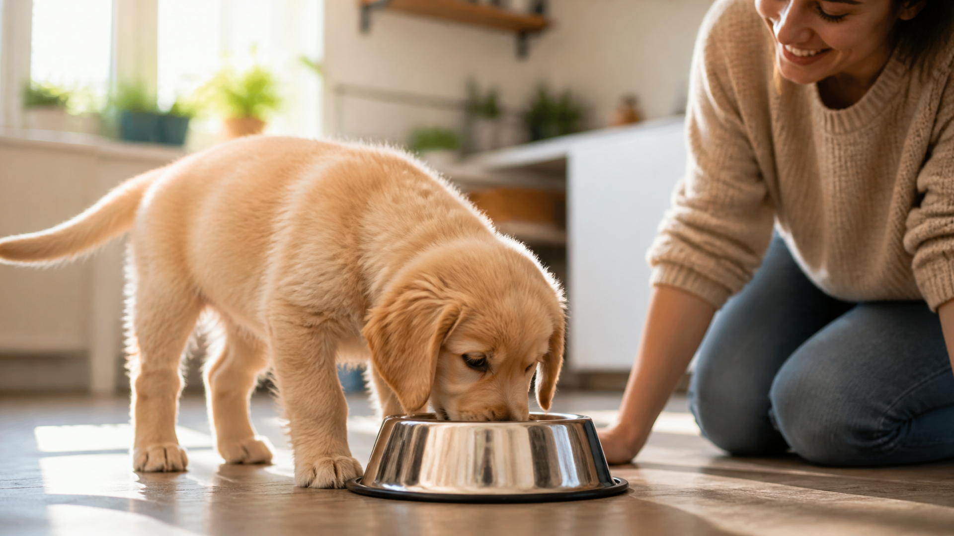 A bowl of dry puppy kibble on a wooden table with a measuring scoop beside it
