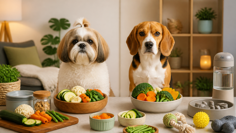 Shih Tzu eating steamed carrots and green beans from a bowl on a kitchen counter