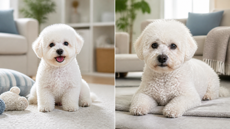 A Bichon Frise dog standing on a grassy lawn with a chart overlay showing age conversion to human years.