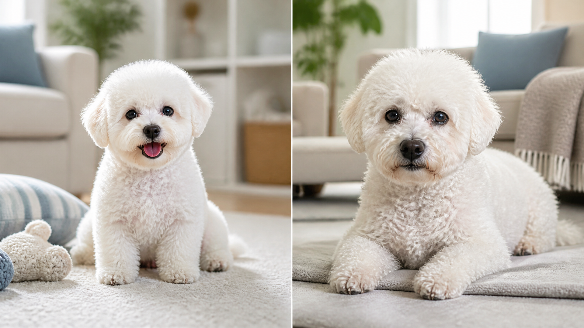 A Bichon Frise dog standing on a grassy lawn with a chart overlay showing age conversion to human years.