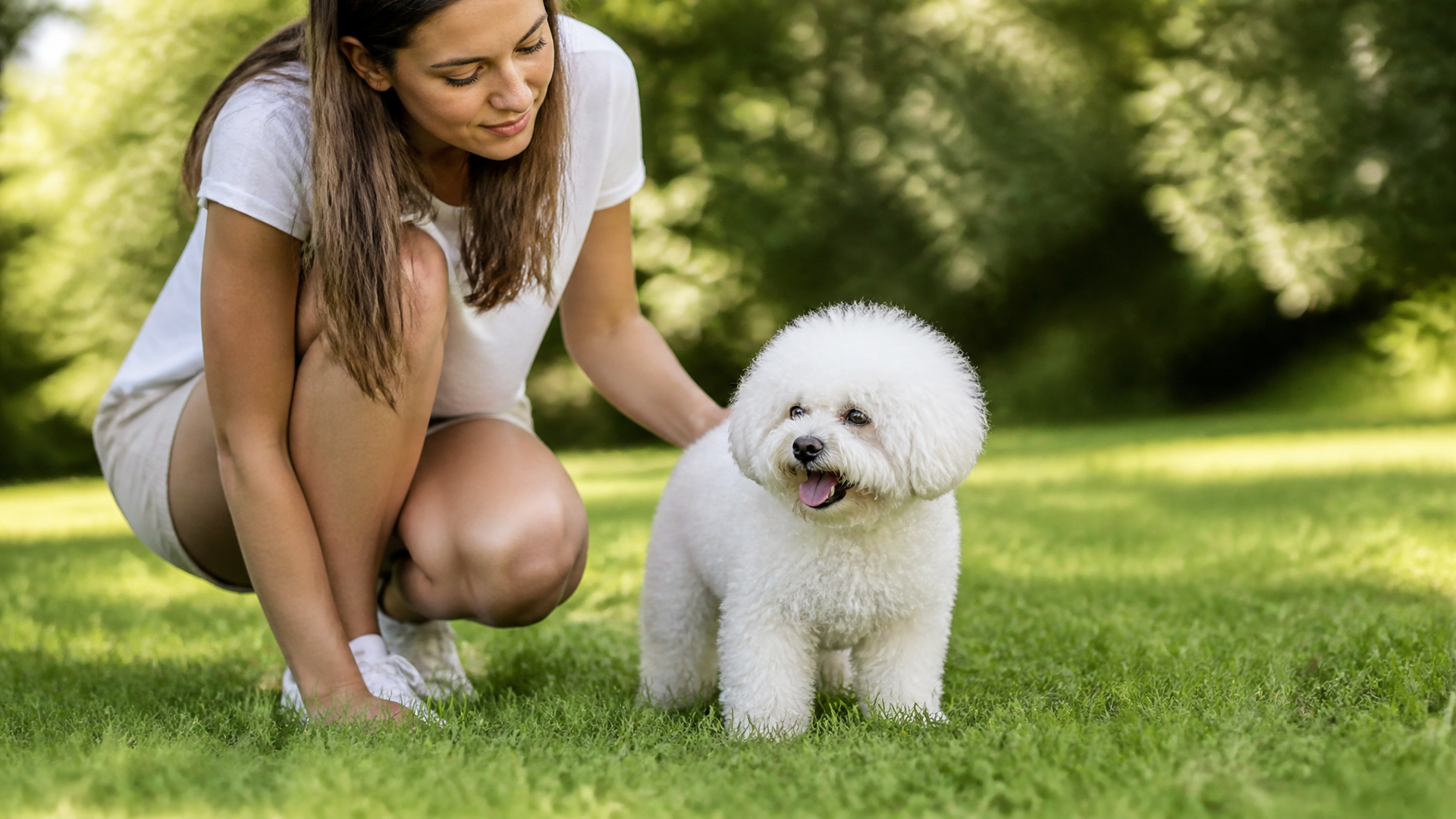 White Bichon Frise panting in summer heat, standing on grass near a thermometer showing 85°F