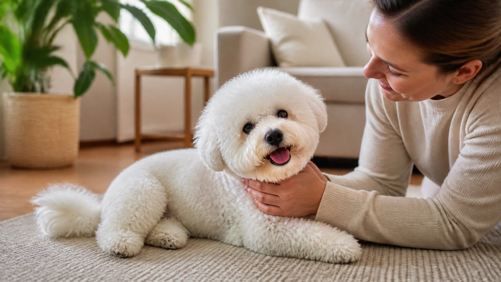 A white Bichon Frise dog sitting on a soft blanket, looking at the camera with a calm expression.