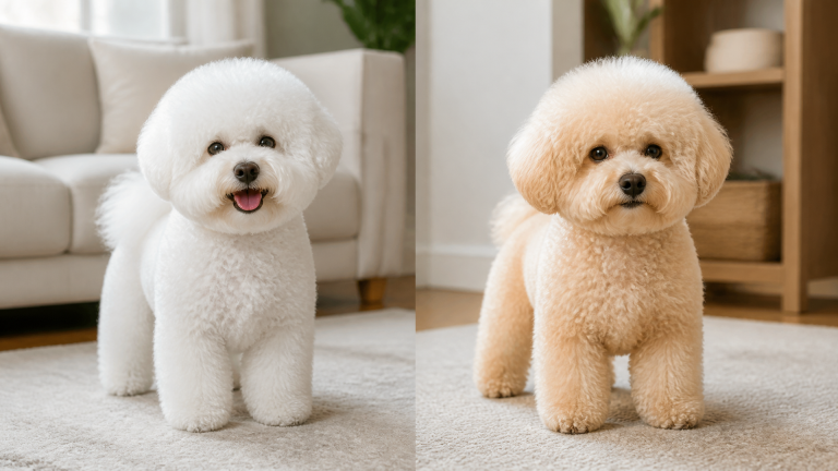 Close-up of an apricot Bichon Frise with fluffy cream-gold fur and dark eyes, looking at the camera