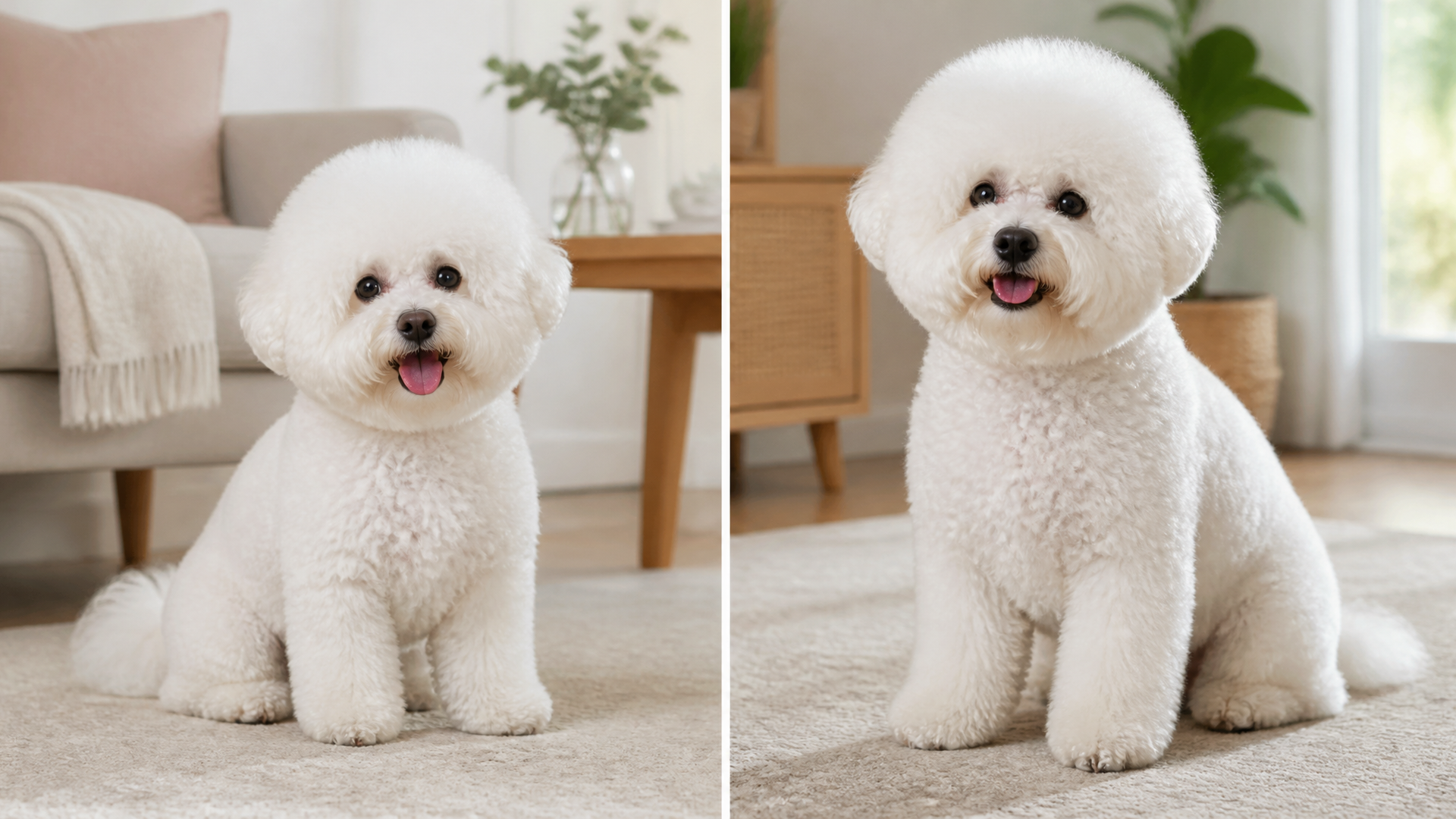 A fluffy white female Bichon Frisé sitting on a soft rug, looking at the camera with a calm expression.