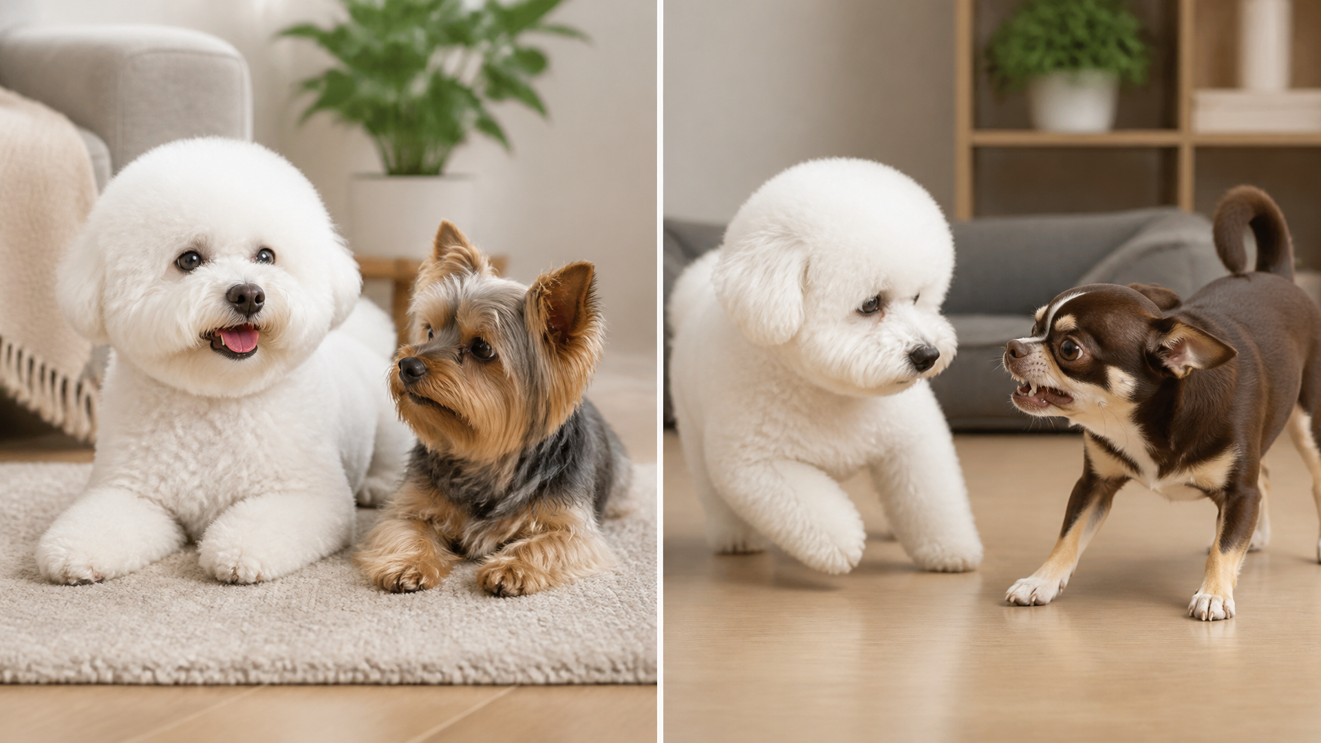 Two Bichon Frise dogs playing together in a grassy yard, one holding a toy
