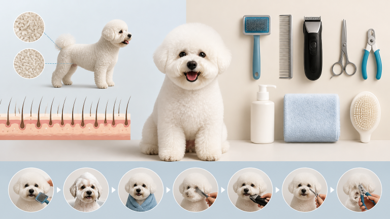 A white Bichon Frise sitting calmly on a grooming table with clippers and brushes nearby