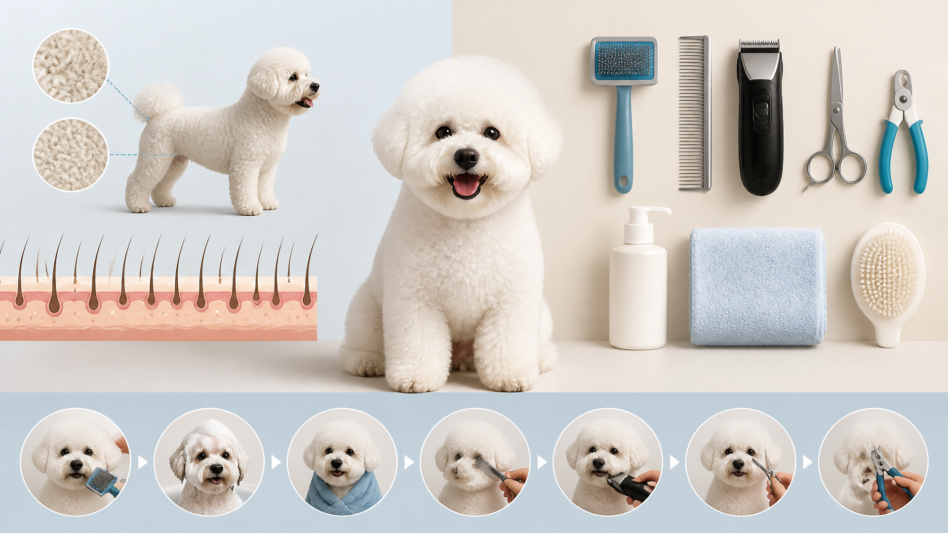 A white Bichon Frise sitting calmly on a grooming table with clippers and brushes nearby