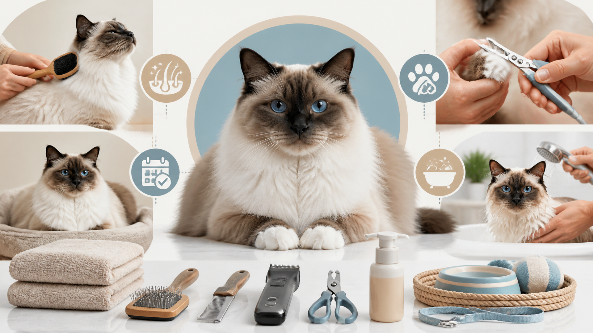 A white and cream Birman cat with blue eyes being gently brushed on a soft blanket