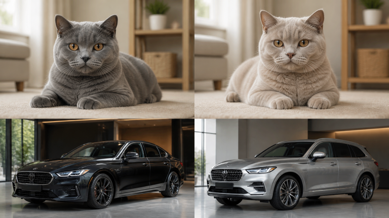 British Shorthair cat with a blue-gray coat sitting on a soft surface, illustrating base color genetics.