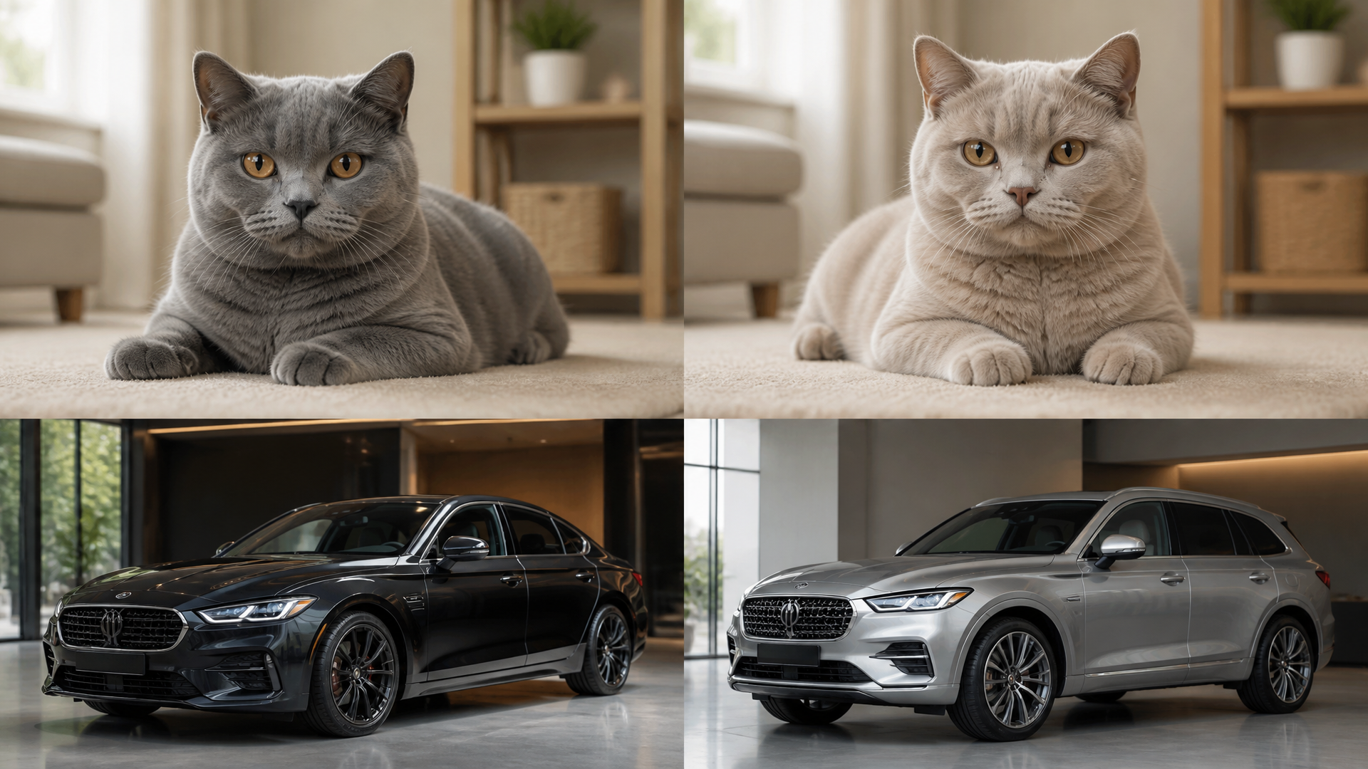 British Shorthair cat with a blue-gray coat sitting on a soft surface, illustrating base color genetics.